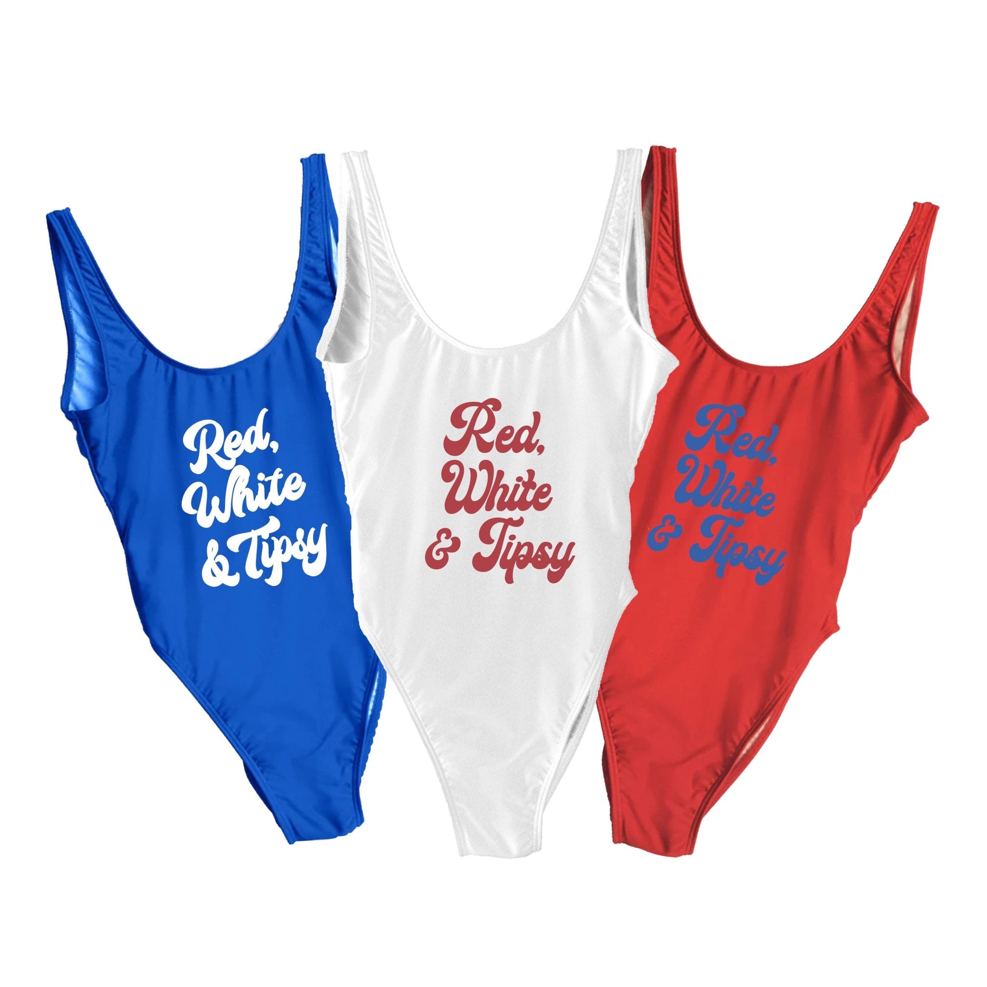 Red, white and blue swimsuits are customized with a "Red, White & Tipsy" design in different colors.