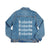 A denim jacket is customized with a repeating last name printed on the back.