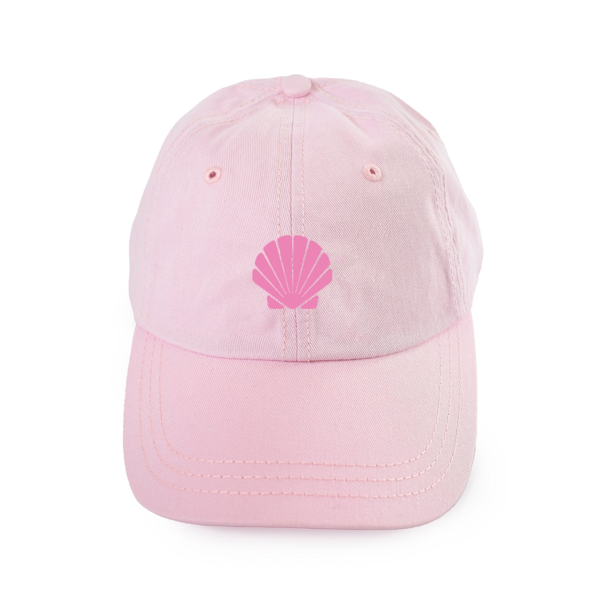 A pink baseball hat is customized with a pink seashell design.