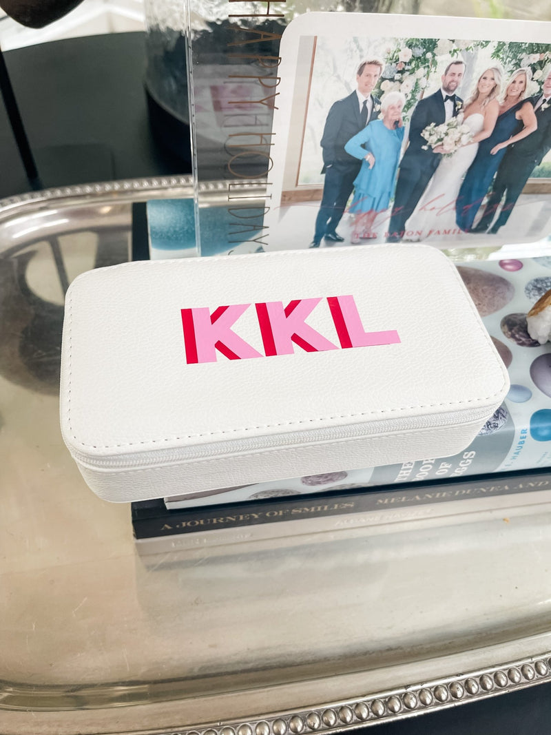 Shadow Monogram Large Travel Jewelry Case - White - Sprinkled With Pink #bachelorette #custom #gifts