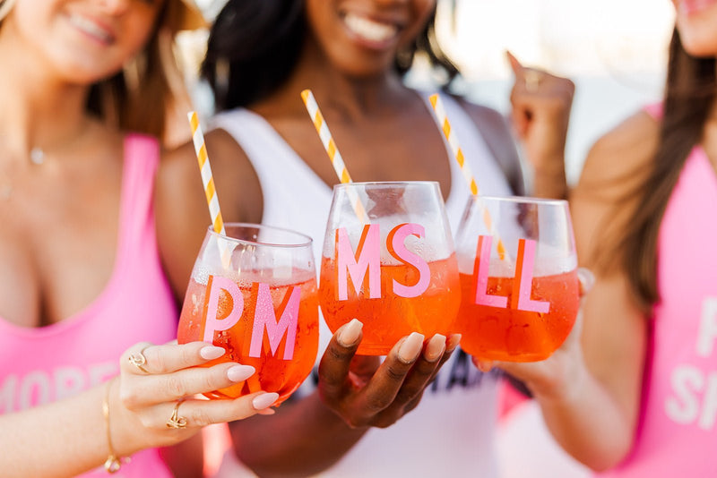 Shadow Monogram Stemless Wine Tumbler - Sprinkled With Pink #bachelorette #custom #gifts