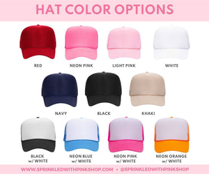 Embroidered shadow monogram trucker hats shown in multiple color options
