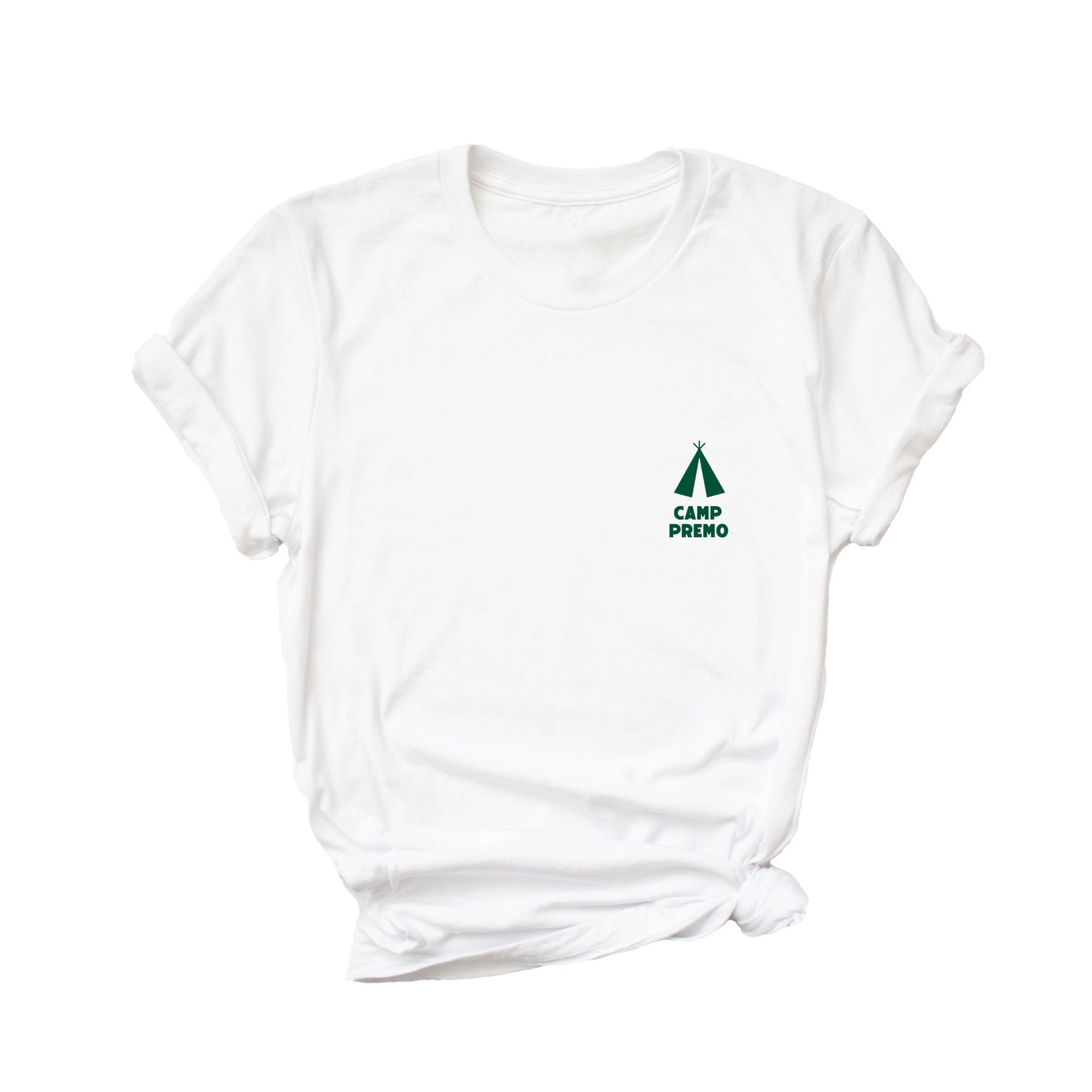 A white t-shirt reads "Camp Premo" with a tent icon