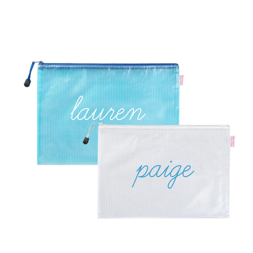 Small pool bag with custom cursive name embroidery, shown in solid color with zip closure