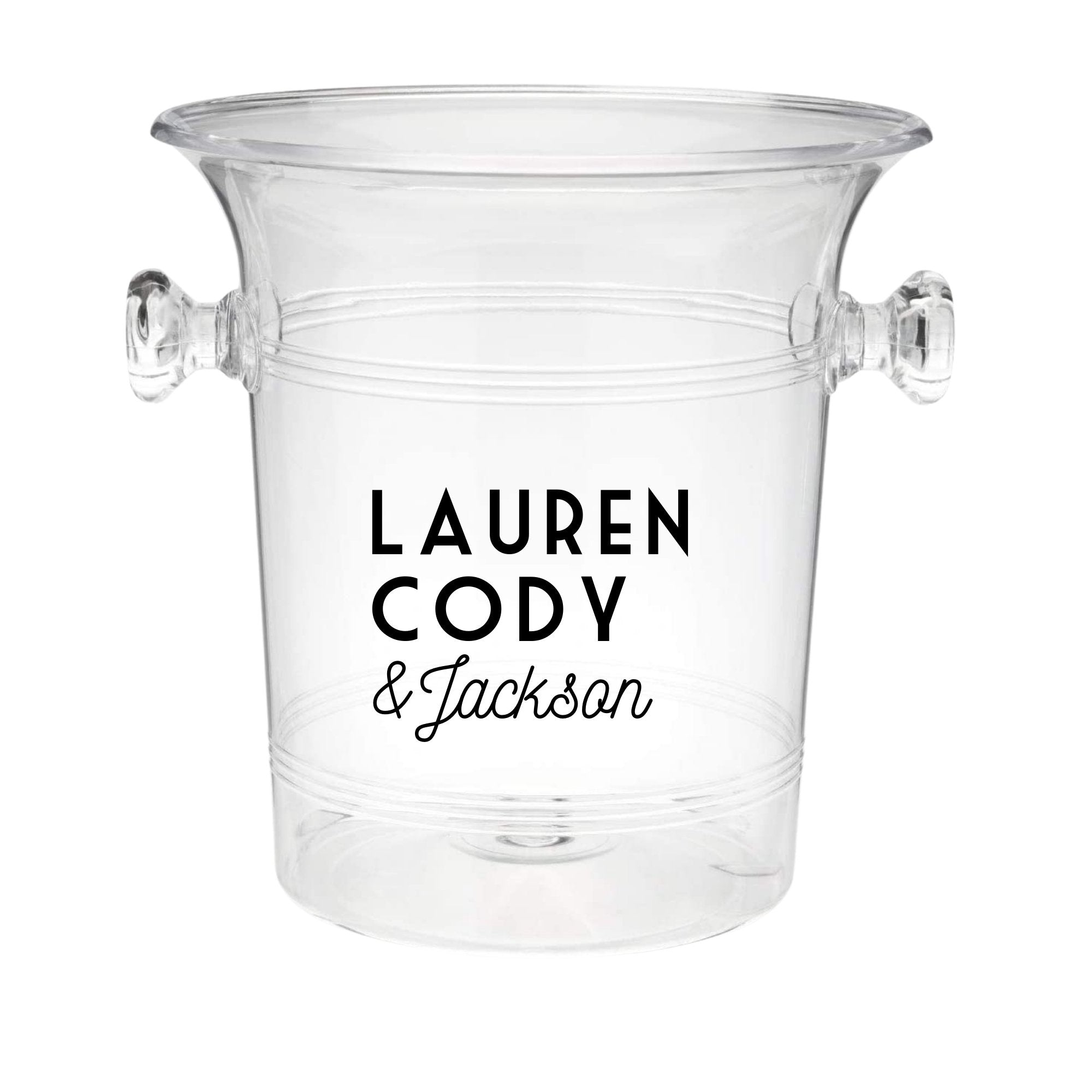 An ice bucket is customized with a 3 name design in pink