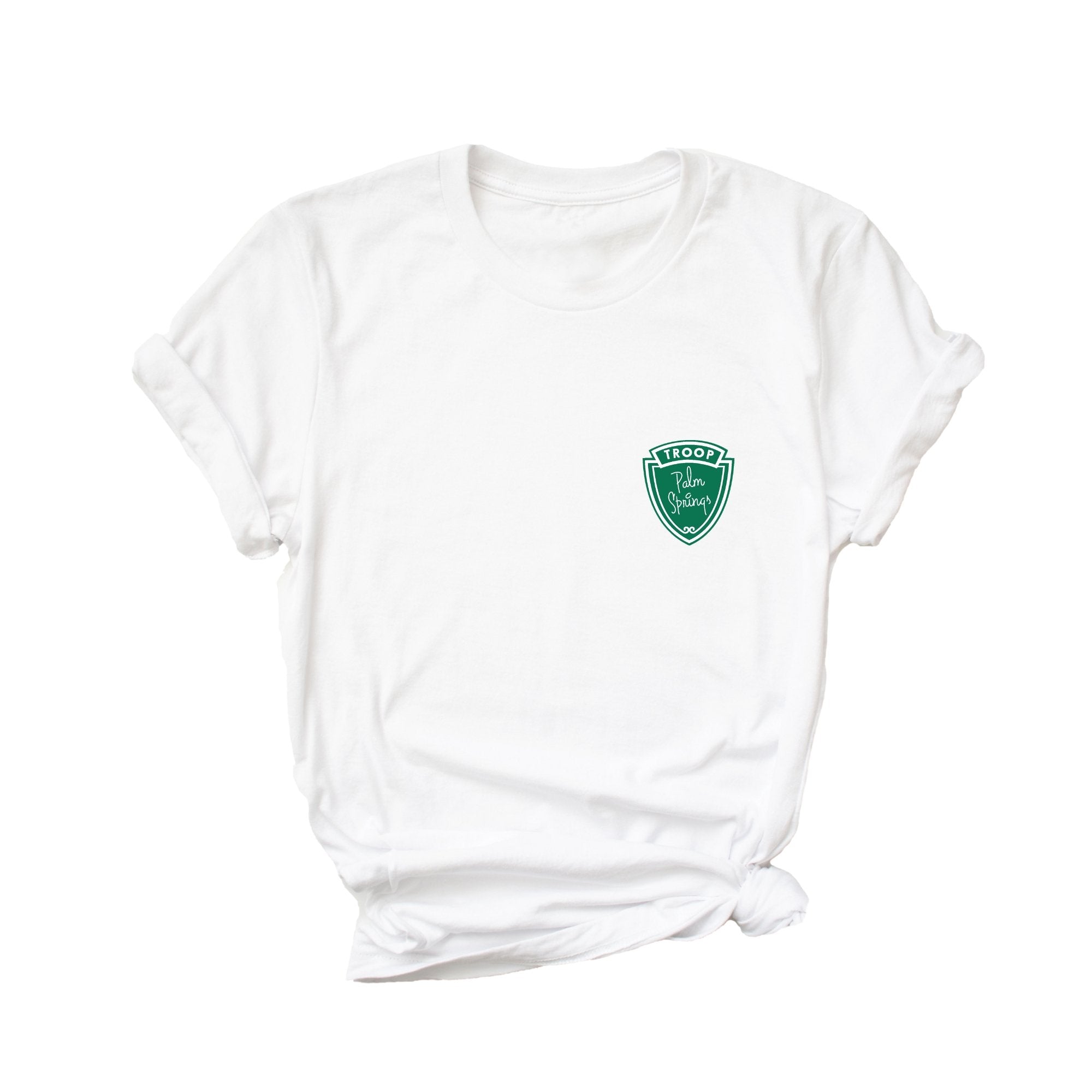 A white t shirt is customized with a green troop logo