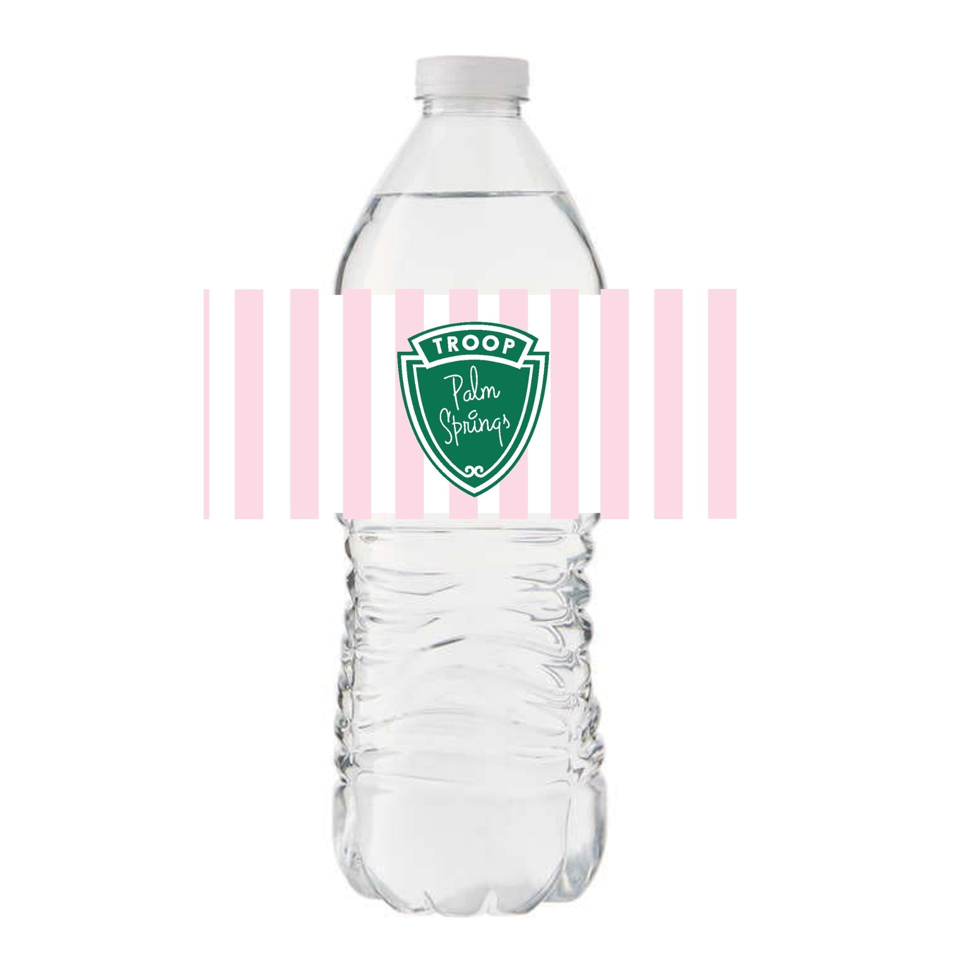A water bottle is customized with a green and pink troop label