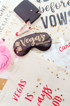 An assortment of items are customized for a Vegas bachelorette party.
