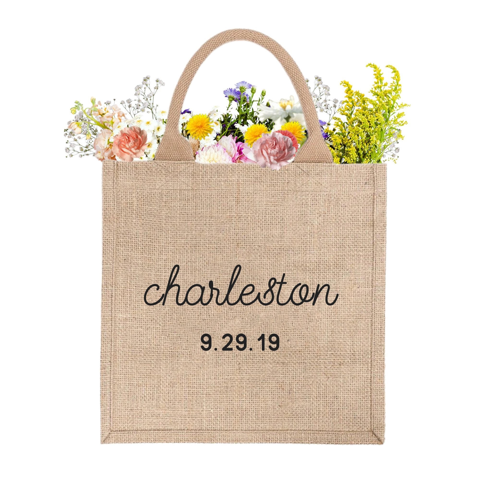 A custom jute bag reads "Charleston 9.29.19"