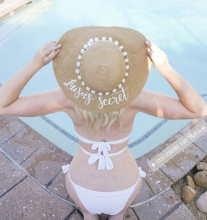 White Pom Pom Floppy Beach Hat - Sprinkled With Pink #bachelorette #custom #gifts