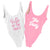 Two swimsuits one pink and one white read "Wife of the Party" and "The Party"