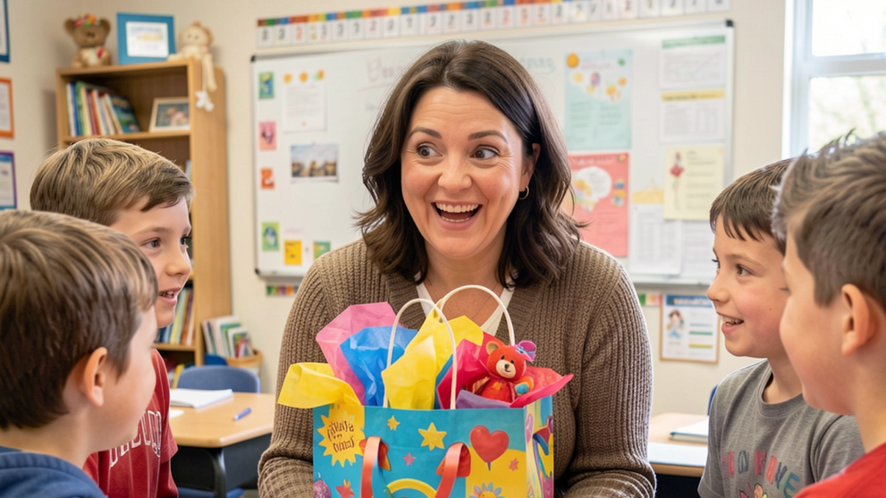 Teacher Receiving Gifts From Her Students