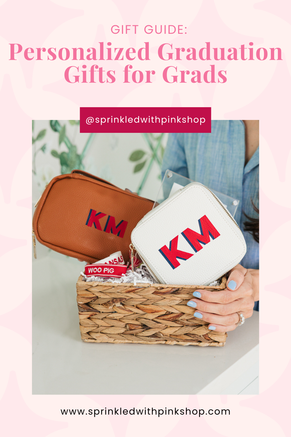 Graduation gift basket with personalized monogram pouches, a thoughtful and stylish gift for grads.
