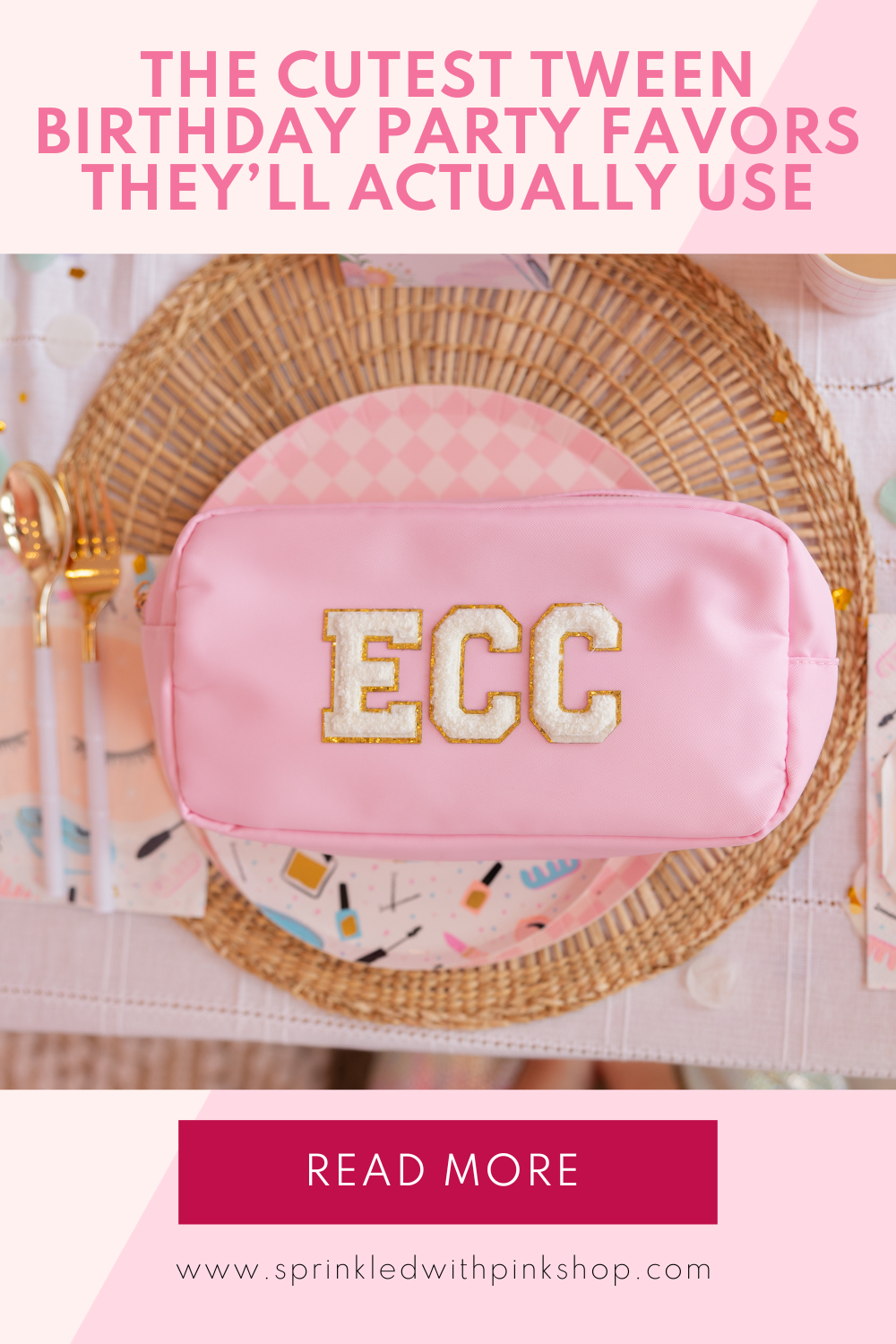 Pink monogrammed Nylon Pouch on a party table setting, ideal for tween birthday party favors.