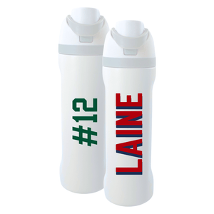 Two 24 oz white tumblers with flip lids, monogrammed with green “#12” and red “LAINE”