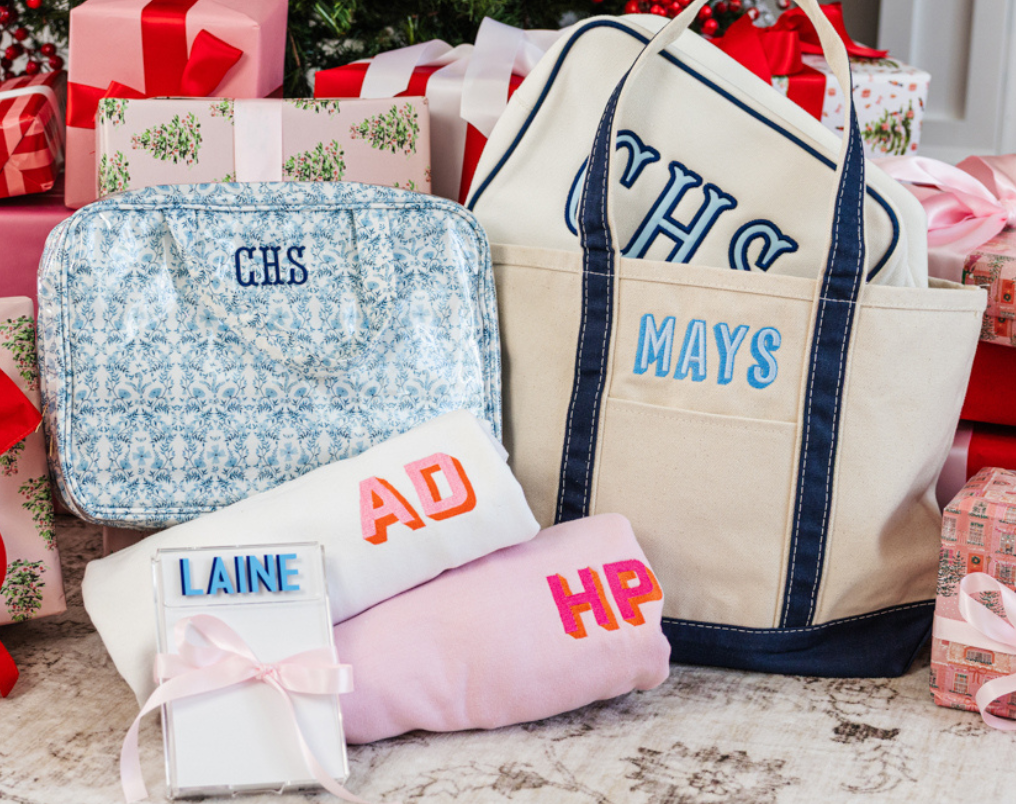 Festive holiday gifting scene for her or teachers with personalized pouches, totes, and tumblers.