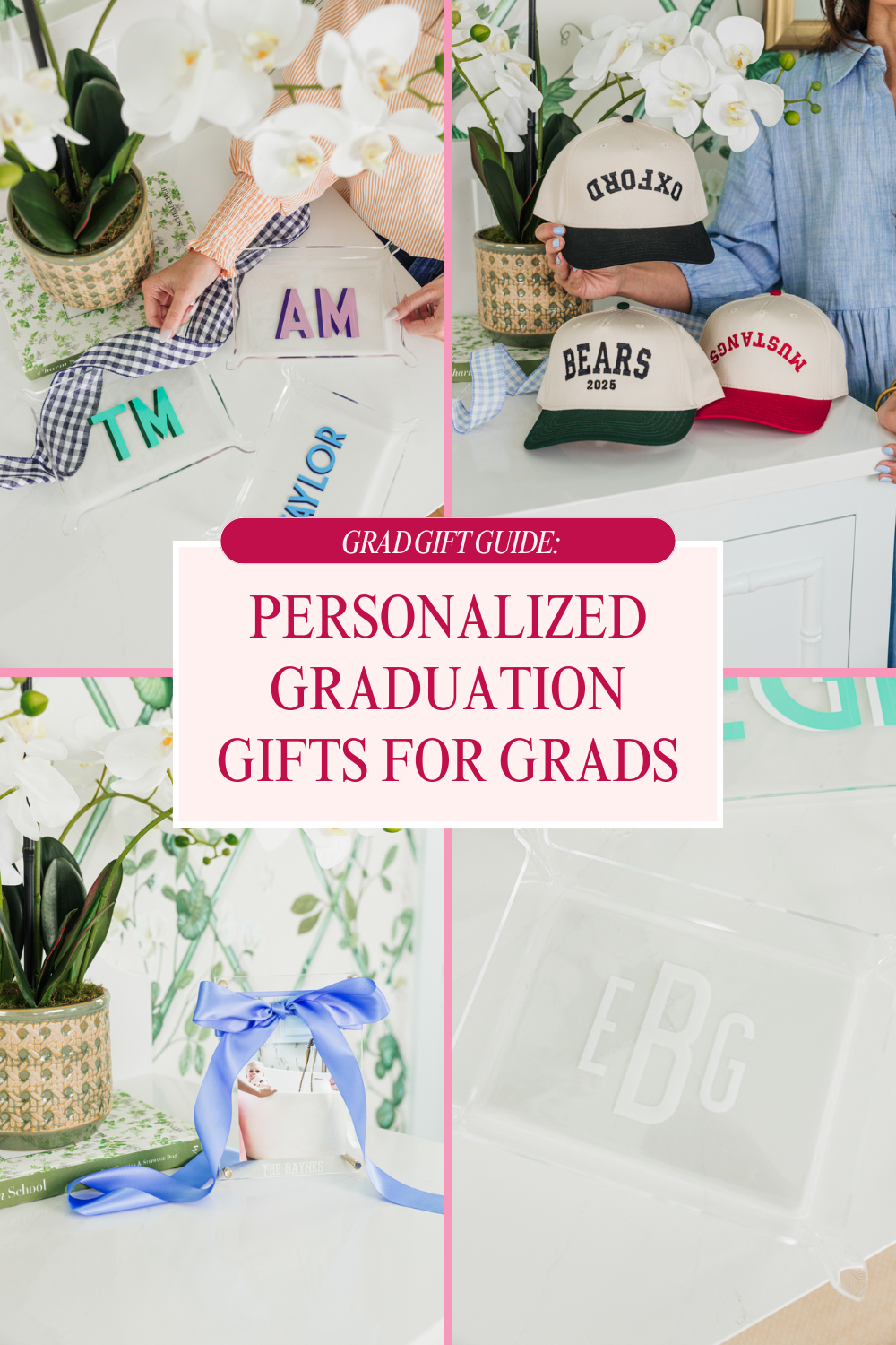 Graduation gift guide collage with personalized trays and hats, featuring custom monogram designs.