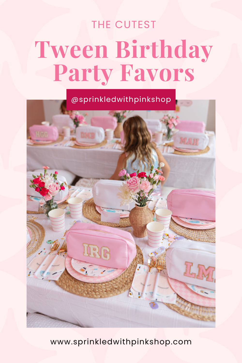 Personalized cosmetic bags set as the cutest tween birthday party favors, perfect for each guest.