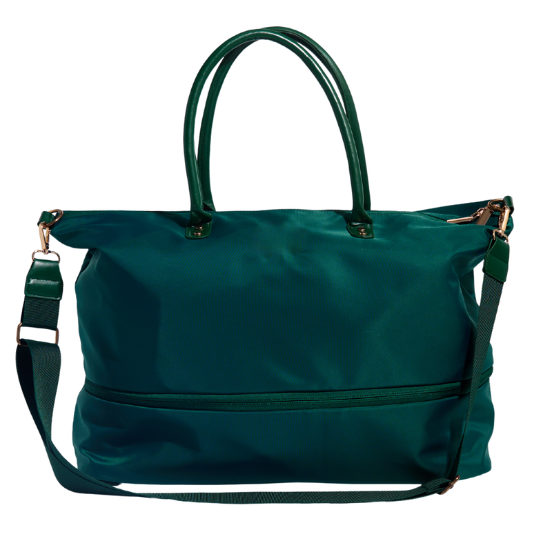 A dark green nylon duffel bag with double top handles, a detachable shoulder strap, and gold-tone hardware, shown against a plain white background.