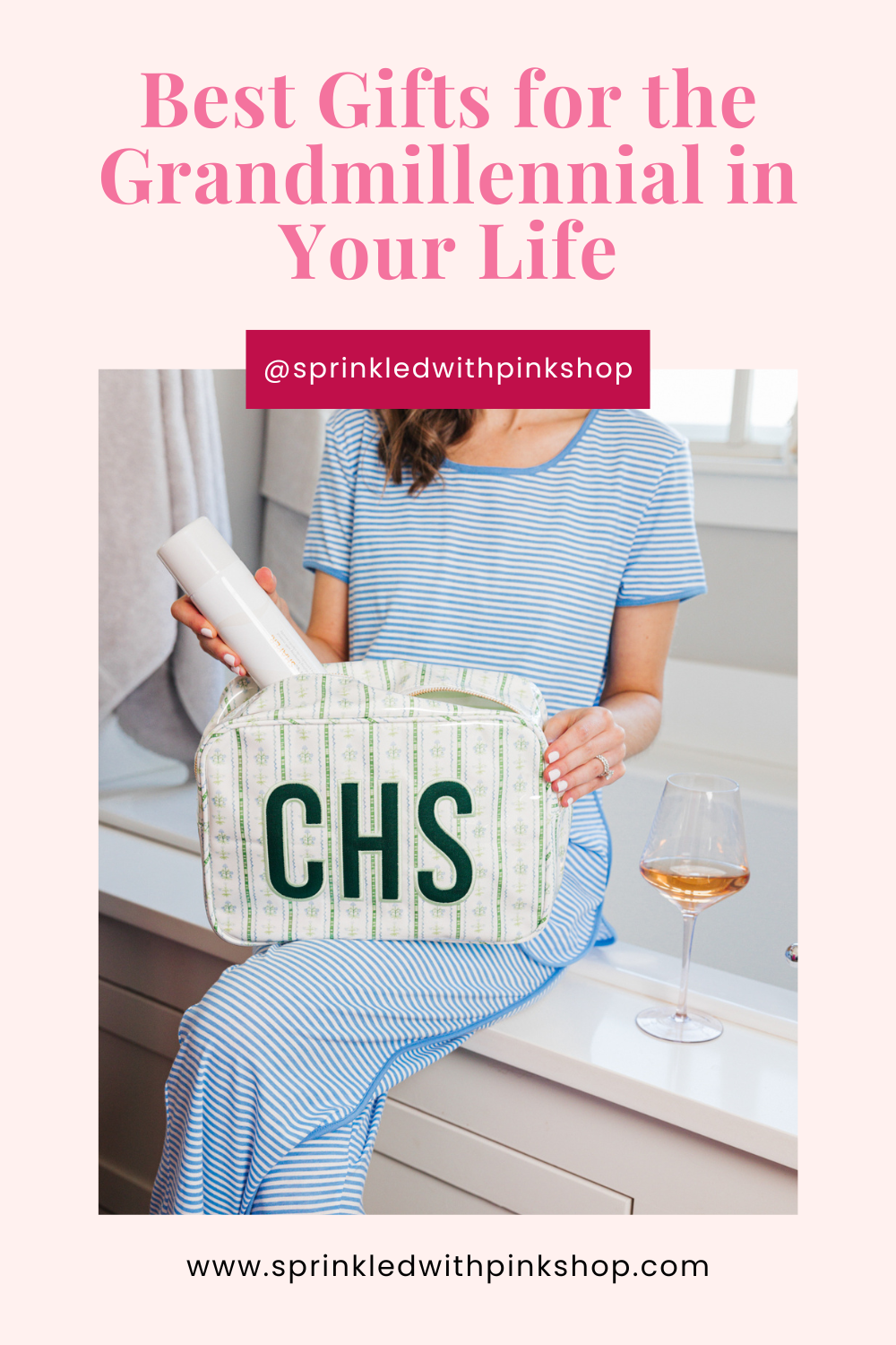 A woman in a striped dress holds a green nylon floral pouch labeled "CHS" with a wine glass nearby.