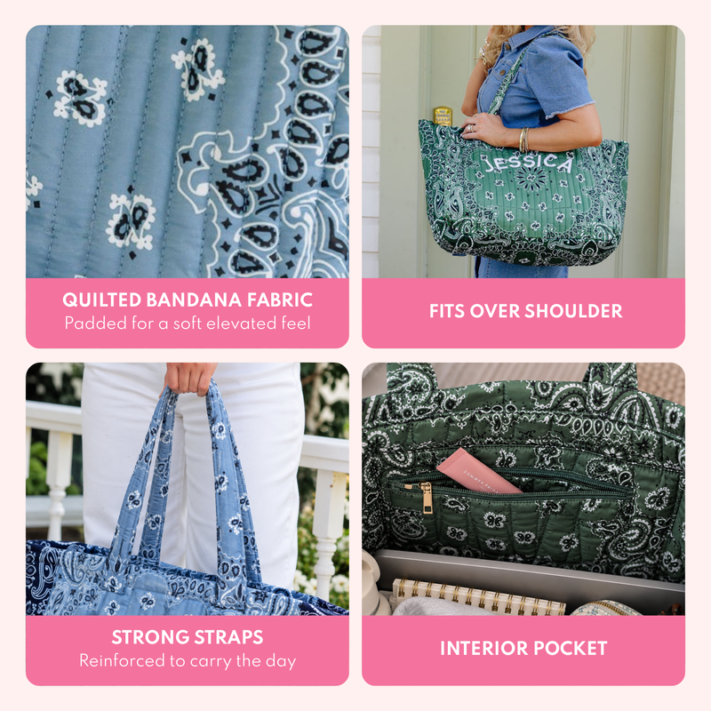 Four-panel product feature collage for a bandana-print tote bag. Top-left shows a close-up of quilted blue bandana fabric with white and black paisley pattern.