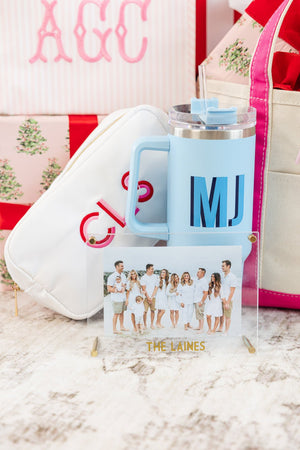 Custom 40 oz tumbler with embroidered initials, stylish hydration gift.