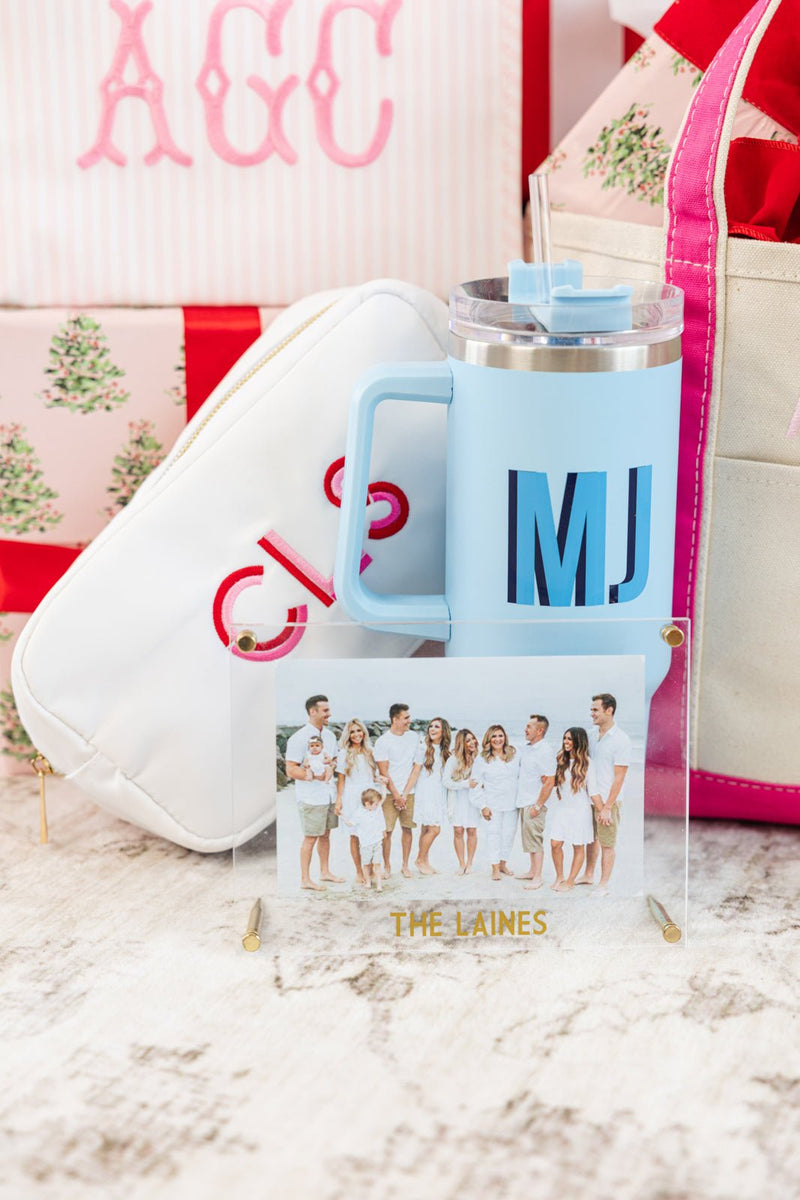 Custom 40 oz tumbler with embroidered initials, stylish hydration gift.