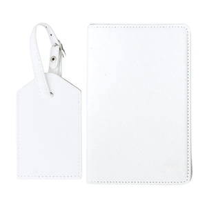 White luggage tag & passport holder set with initials, classic monogram gift.