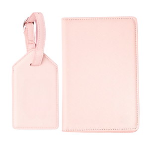 Pink luggage tag & passport holder set, custom monogram travel accessory duo.