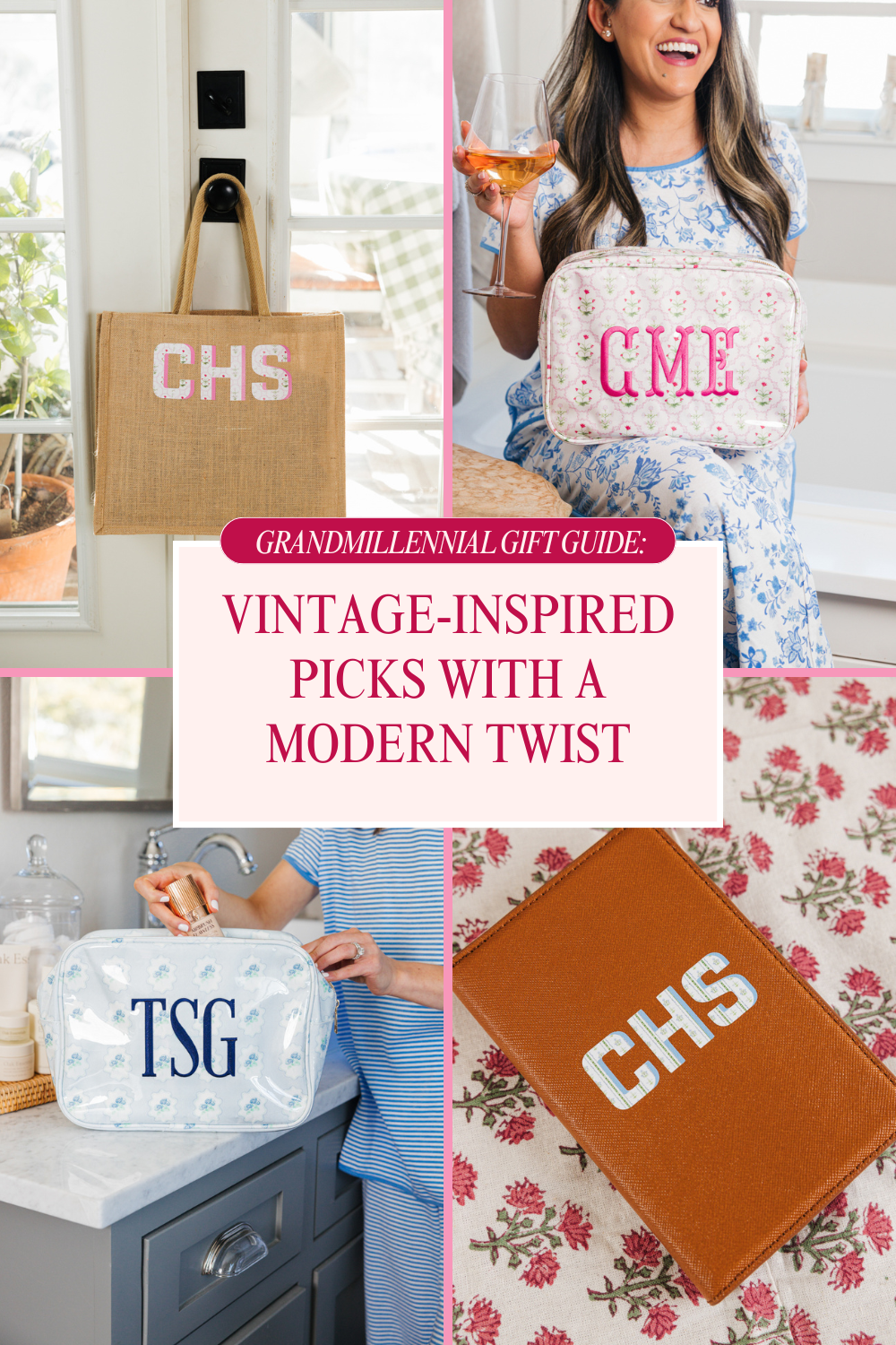Collage of monogrammed tote bags and floral travel pouches with vintage-inspired gift guide text.