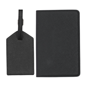 Black luggage tag & passport holder set, sleek personalized jet-setter gift.
