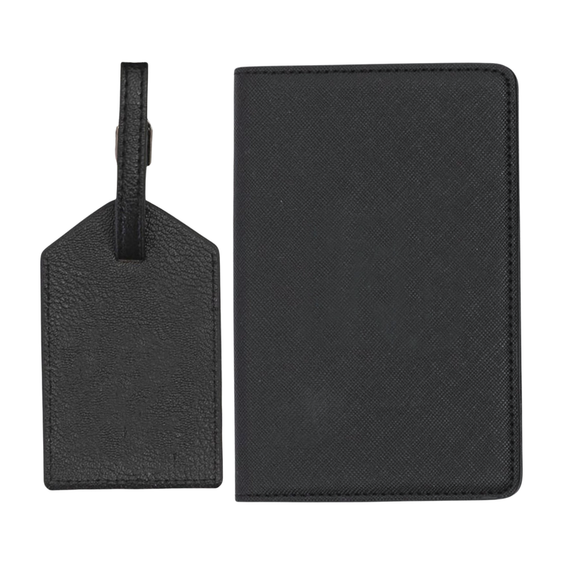 Black luggage tag & passport holder set, sleek personalized jet-setter gift.