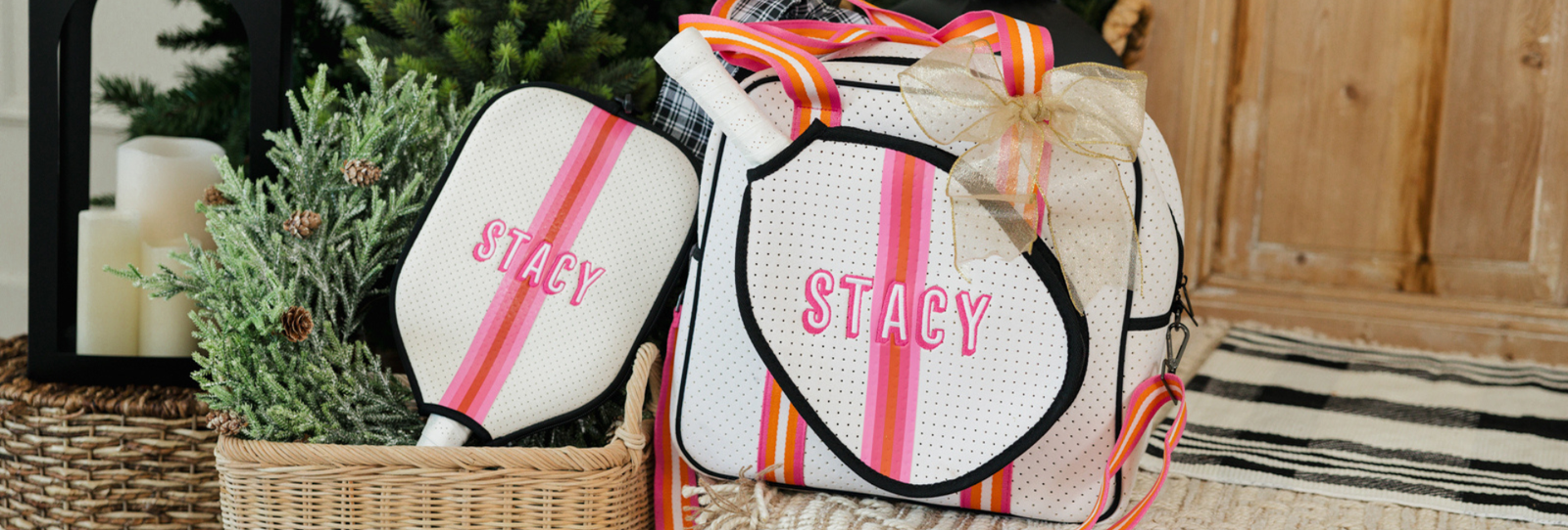 Pickleball gift set with bag and paddles wrapped with ribbons, personalized for players.