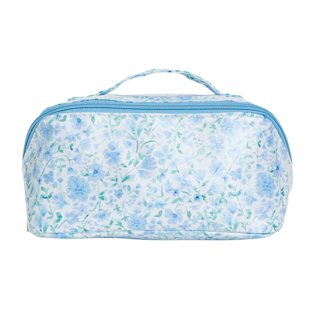 A blue watercolor floral print flat lay pouch
