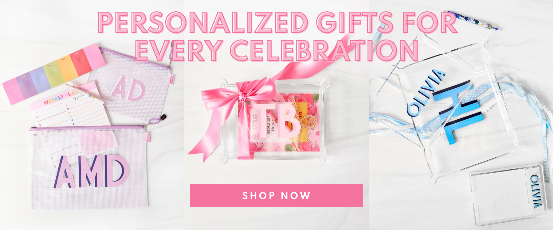 Clear pouches with initials on front in pink and blue coloring on image that reads "personalized gifts for every celebration"