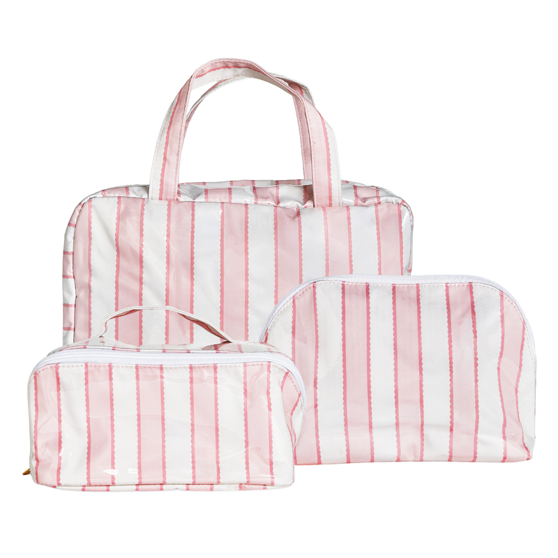 Three-piece travel set featuring a tote bag and two zippered pouches in a pink and white striped pattern, displayed on a clean white background.