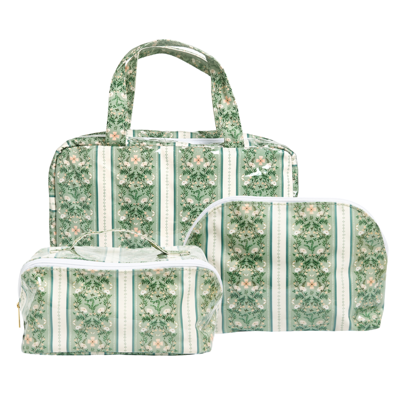 Three-piece travel luggage set featuring a green and white floral pattern with vertical stripes, including a large duffel bag, a medium suitcase, and a small toiletry bag, shown on a white background.