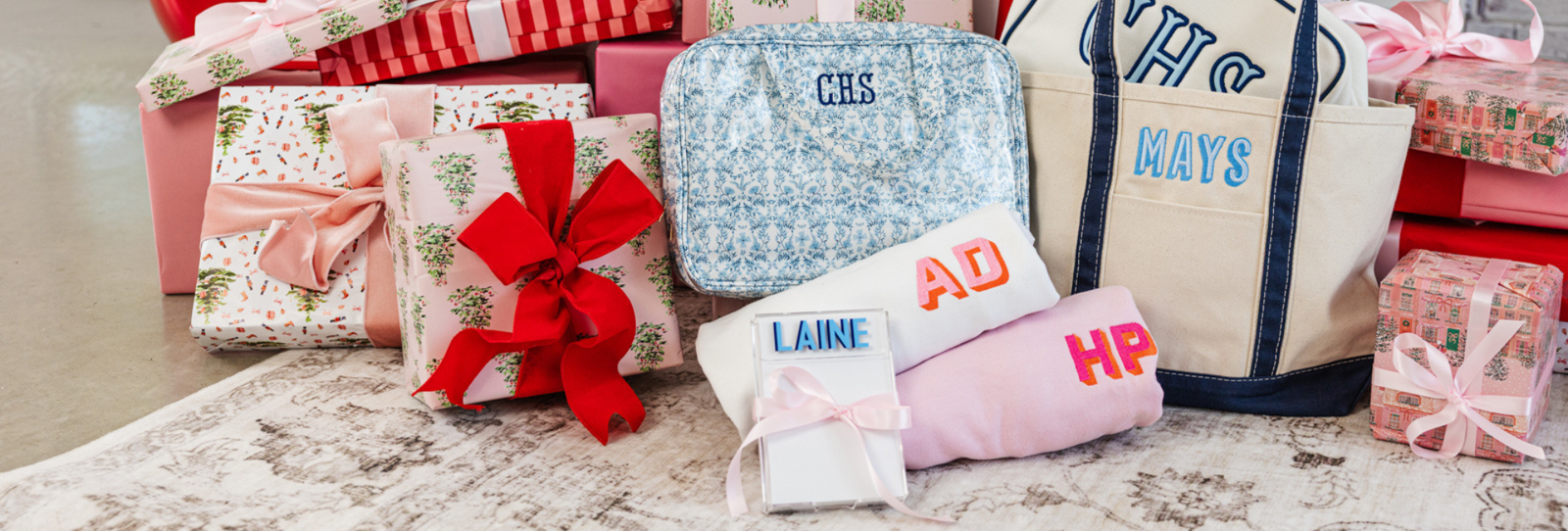 Holiday monogrammed gift display perfect for personalized gifting.