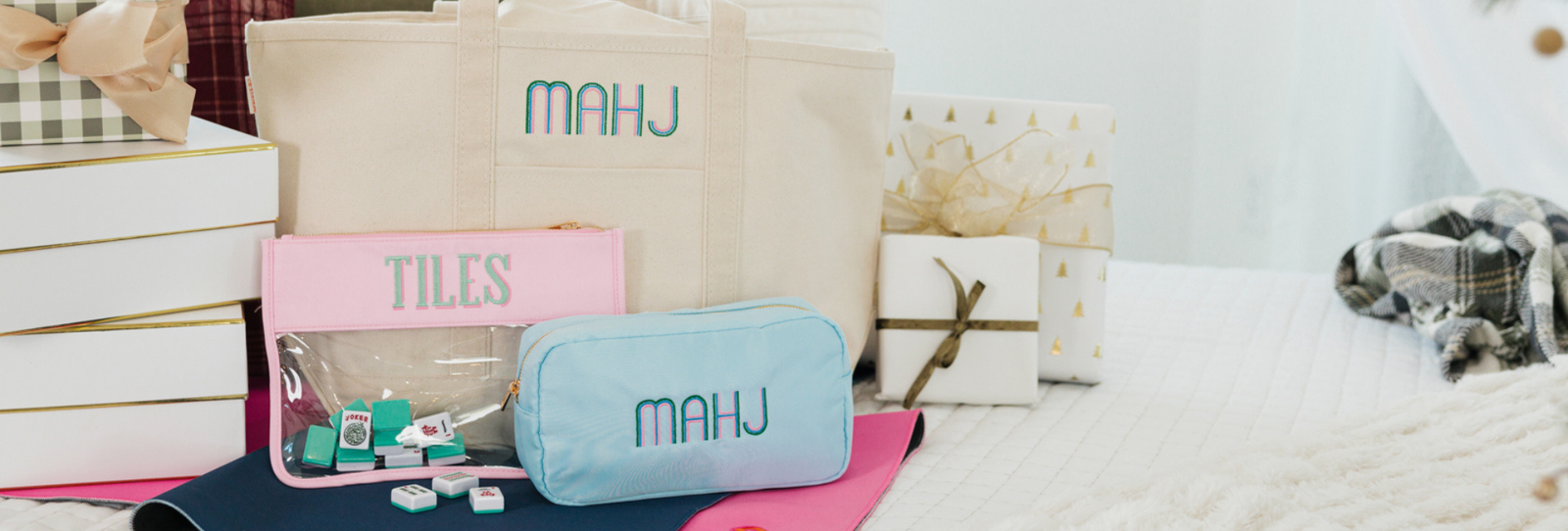 Assorted mahjong personalized gifts styled for festive gifting.