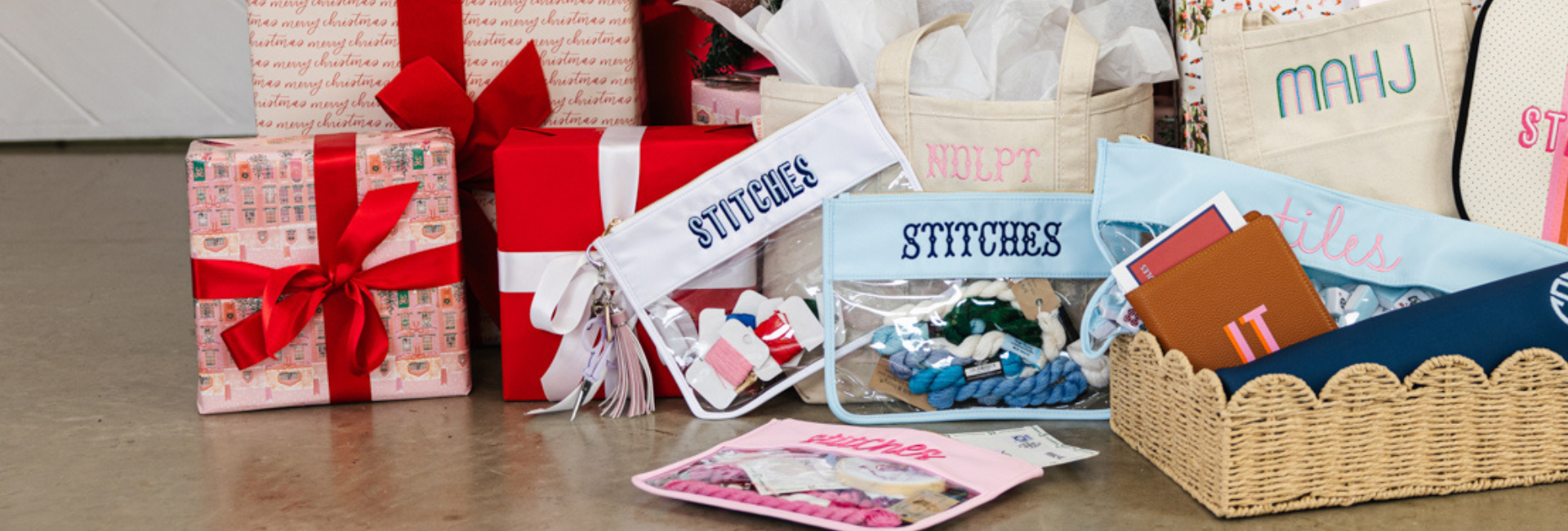 Personalized holiday gifts arranged for the season, perfect monogrammed presents.