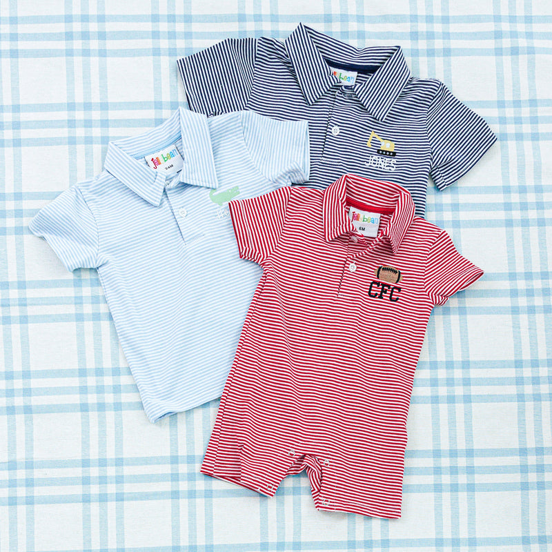 Striped onesies in navy, light blue, and red, each featuring embroidered initials 