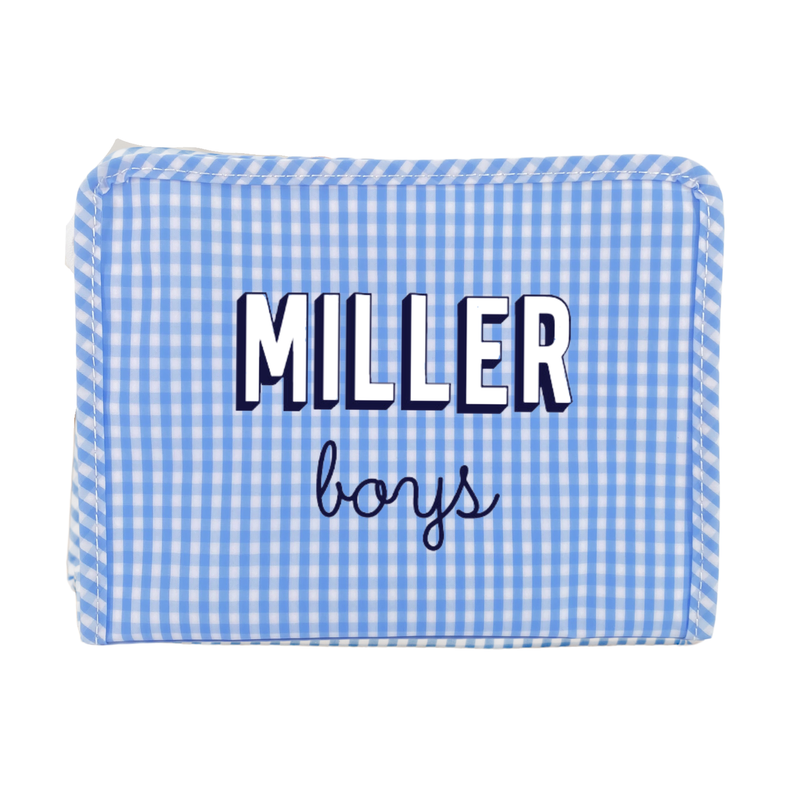 Light blue gingham TRVL Roadie pouch embroidered 'Miller boys' in navy block and script lettering, on a white background.