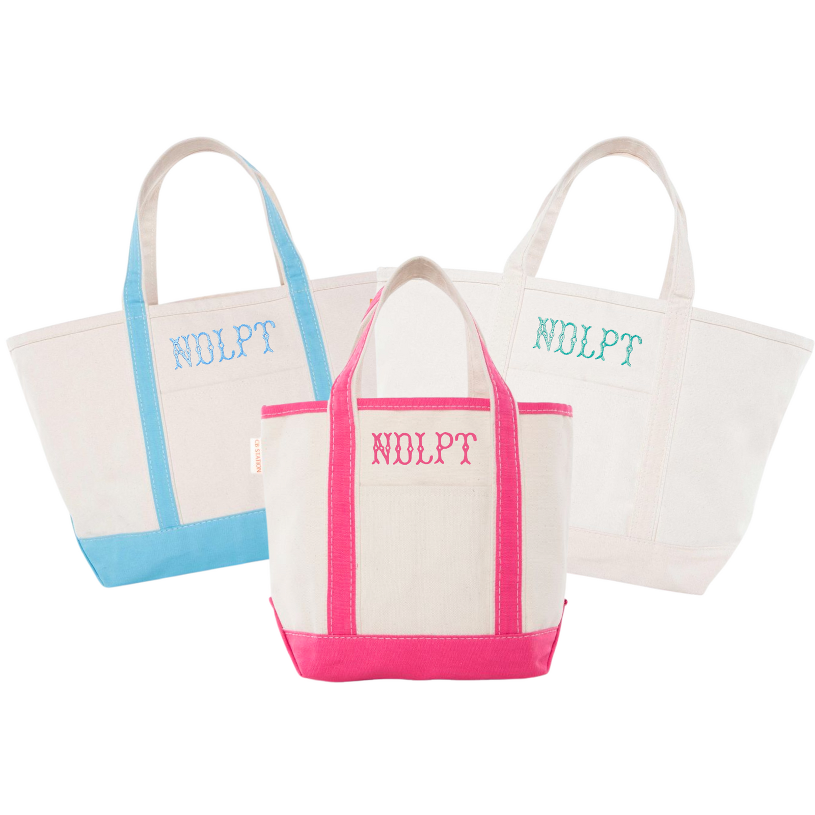 Personalized Needlepoint Canvas Project Tote in pink, blue, and white, perfect for craft storage.