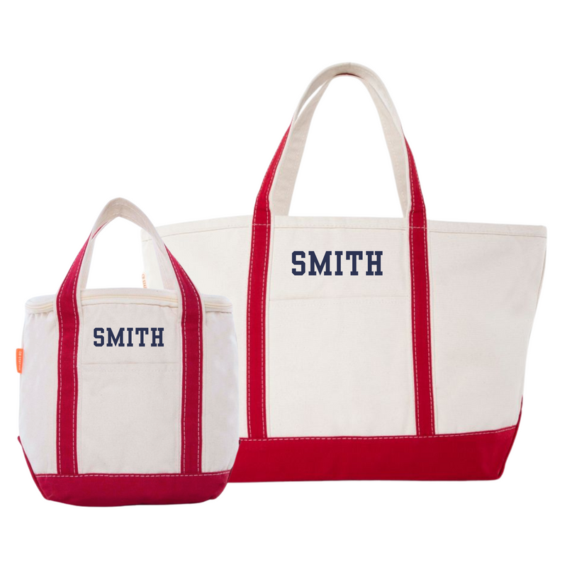 Embroidered Gameday Canvas Tote & Cooler Tote Bundle, natural canvas with red trim, personalized “SMITH” on both bags.