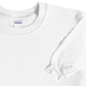 Close-up of white Gildan crewneck sweatshirt showing ribbed collar and sleeve cuff