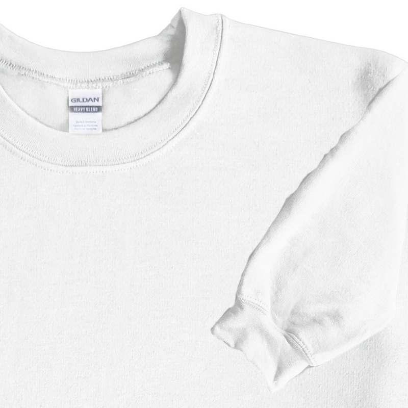 Close-up of white Gildan crewneck sweatshirt showing ribbed collar and sleeve cuff