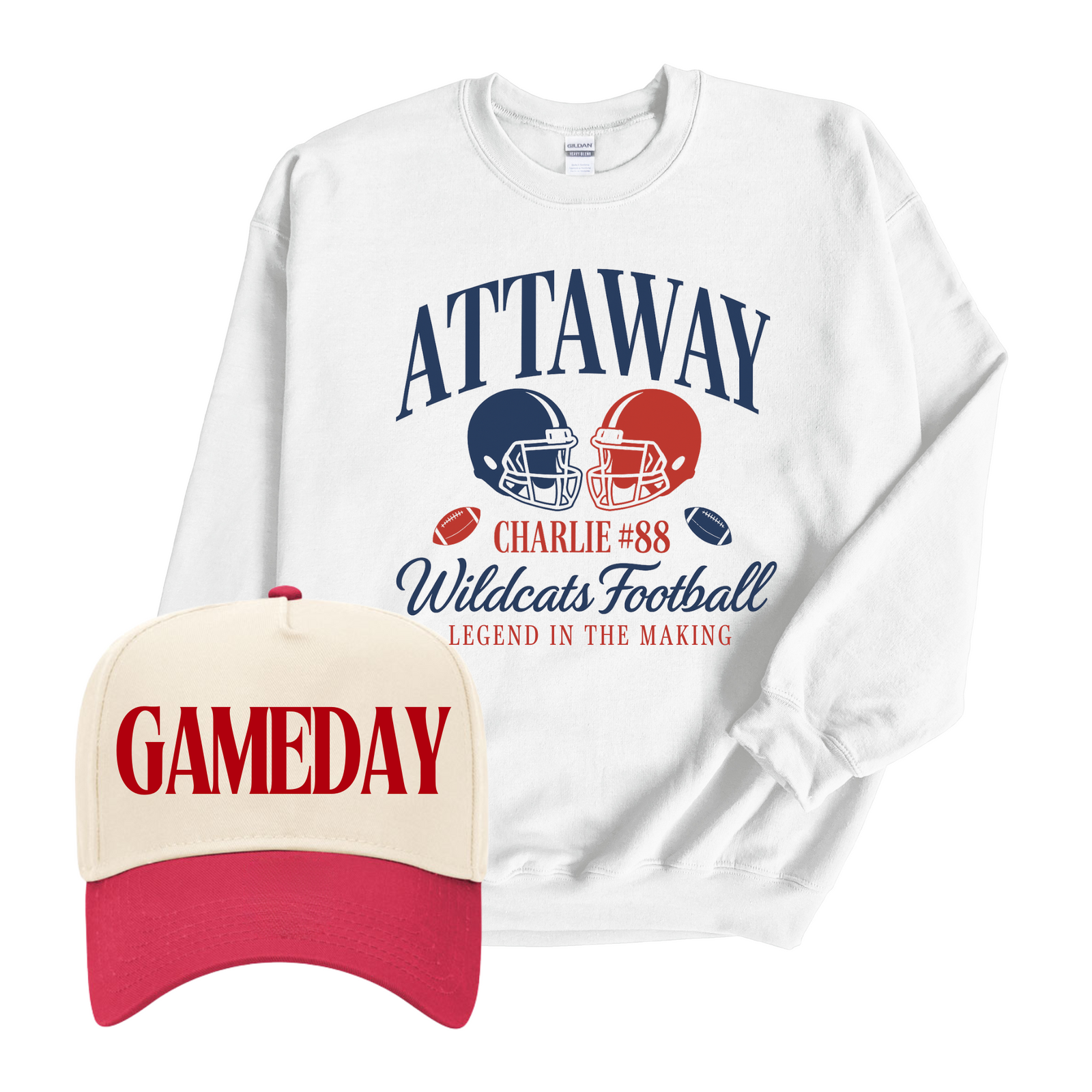 White Wildcats football crewneck with cream-red “GAMEDAY” cap, Custom Gameday Sweatshirt & Vintage Trucker Hat Bundle.