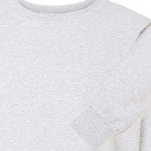 Close-up of heather gray crewneck sweatshirt showing ribbed collar and long sleeve cuff