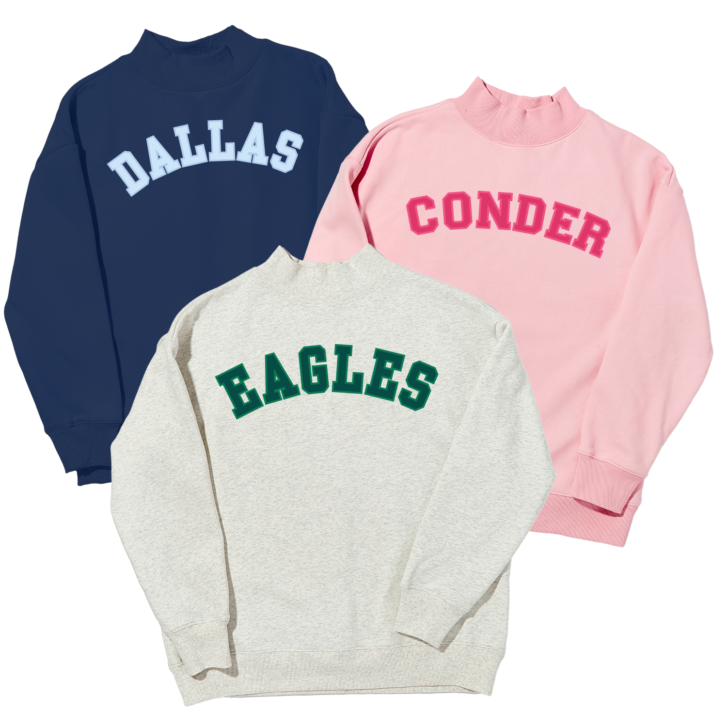 Heather gray mockneck sweatshirt embroidered with 'EAGLES' in navy collegiate block letters