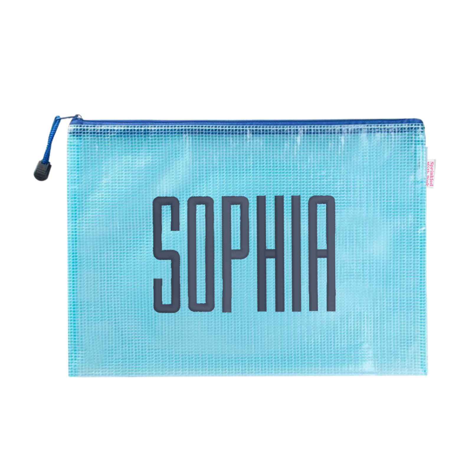 Light blue mesh pool bag with a navy zipper printed 'Sophia' in navy block lettering, on a white background.